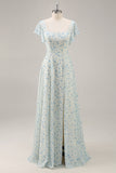 A-Line Square Neck Blue Flower Long Bridesmaid Dress with Slit