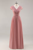 Dusty Rose A Line V Neck Chiffon Long Bridesmaid Dress