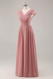 Dusty Rose A Line V Neck Chiffon Long Bridesmaid Dress