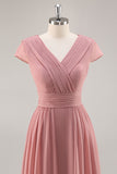 Dusty Rose A Line V Neck Chiffon Long Bridesmaid Dress