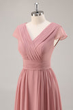 Dusty Rose A Line V Neck Chiffon Long Bridesmaid Dress