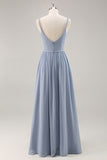 Dusty Blue A-Line Spaghetti Straps Ruched Long Bridesmaid Dress with Slit