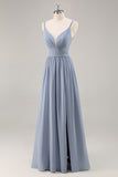 Dusty Blue A-Line Spaghetti Straps Ruched Long Bridesmaid Dress with Slit