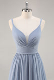 Dusty Blue A-Line Spaghetti Straps Ruched Long Bridesmaid Dress with Slit