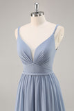 Dusty Blue A-Line Spaghetti Straps Ruched Long Bridesmaid Dress with Slit