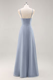 Dusty Blue A-Line Spaghetti Straps Chiffon Long Bridesmaid Dress with Ruffle Slit