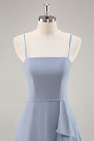Dusty Blue A-Line Spaghetti Straps Chiffon Long Bridesmaid Dress with Ruffle Slit