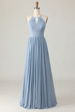 Dusty Blue Halter Ruched A Line Keyhole Chiffon Bridesmaid Dress