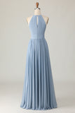 Dusty Blue Halter Ruched A Line Keyhole Chiffon Bridesmaid Dress
