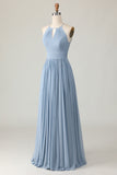 Dusty Blue Halter Ruched A Line Keyhole Chiffon Bridesmaid Dress