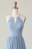 Dusty Blue Halter Ruched A Line Keyhole Chiffon Bridesmaid Dress
