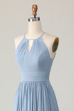 Dusty Blue Halter Ruched A Line Keyhole Chiffon Bridesmaid Dress