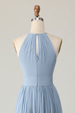 Dusty Blue Halter Ruched A Line Keyhole Chiffon Bridesmaid Dress