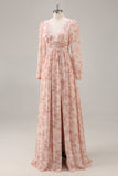 Pink Flower A-Line V Neck Backless Long Bridesmaid Dress with Slit