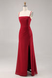 Dark Red Sheath Spaghetti Straps Ruched Bridesmaid Dress with Slit