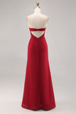 Dark Red Sheath Spaghetti Straps Ruched Bridesmaid Dress with Slit