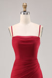 Dark Red Sheath Spaghetti Straps Ruched Bridesmaid Dress with Slit
