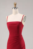 Dark Red Sheath Spaghetti Straps Ruched Bridesmaid Dress with Slit