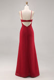 Dark Red Sheath Spaghetti Straps Ruched Bridesmaid Dress with Slit