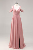 Dusty Rose A Line Cold Shoulder Chiffon Long Bridesmaid Dress with Slit