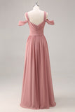 Dusty Rose A Line Cold Shoulder Chiffon Long Bridesmaid Dress with Slit