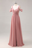 Dusty Rose A Line Cold Shoulder Chiffon Long Bridesmaid Dress with Slit