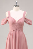 Dusty Rose A Line Cold Shoulder Chiffon Long Bridesmaid Dress with Slit