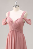Dusty Rose A Line Cold Shoulder Chiffon Long Bridesmaid Dress with Slit