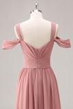 Dusty Rose A Line Cold Shoulder Chiffon Long Bridesmaid Dress with Slit