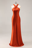 Rust Sheath Halter Satin Long Bridesmaid Dress with Lace Up Back