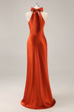 Rust Sheath Halter Satin Long Bridesmaid Dress with Lace Up Back
