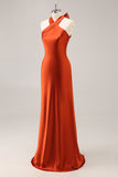Rust Sheath Halter Satin Long Bridesmaid Dress with Lace Up Back