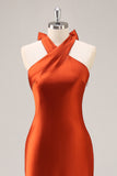 Rust Sheath Halter Satin Long Bridesmaid Dress with Lace Up Back
