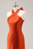 Rust Sheath Halter Satin Long Bridesmaid Dress with Lace Up Back