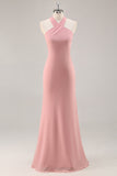 Blush Sheath Halter Chiffon Long Bridesmaid Dress