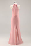 Blush Sheath Halter Chiffon Long Bridesmaid Dress