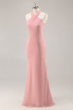 Blush Sheath Halter Chiffon Long Bridesmaid Dress