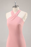 Blush Sheath Halter Chiffon Long Bridesmaid Dress