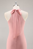 Blush Sheath Halter Chiffon Long Bridesmaid Dress