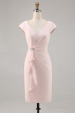 Candy Pink Sheath Ruffled Midi Mother Of Bride Dress
