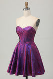 Metallic Dark Purple A-Line Strapless Short Homecoming Dress