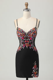Black Floral Tight Sequins Short Homecoming Dress with Lace Up Back
