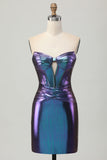 Metallic Strapless Cut Out Corset Blue Purple Short Homecoming Dress