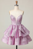 Light Purple A Line Strapless Tiered Short Homecoming Dress with Lace Up Back