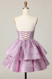 Light Purple A Line Strapless Tiered Short Homecoming Dress with Lace Up Back