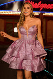 Light Purple A Line Strapless Tiered Short Homecoming Dress with Lace Up Back