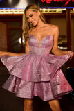 Light Purple A Line Strapless Tiered Short Homecoming Dress with Lace Up Back