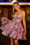 Light Purple A Line Strapless Tiered Short Homecoming Dress with Lace Up Back