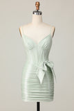 Sage Corset Spaghetti Straps Ruched Tight Short Homecoming Dress with Bow