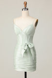 Sage Corset Ruched Tight Short Homecoming Dress with Bow